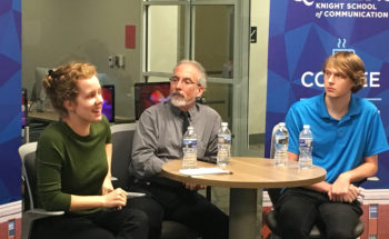 Jane Wester, David Boraks, and TJ Spry at Knight School of Communication, October 2018